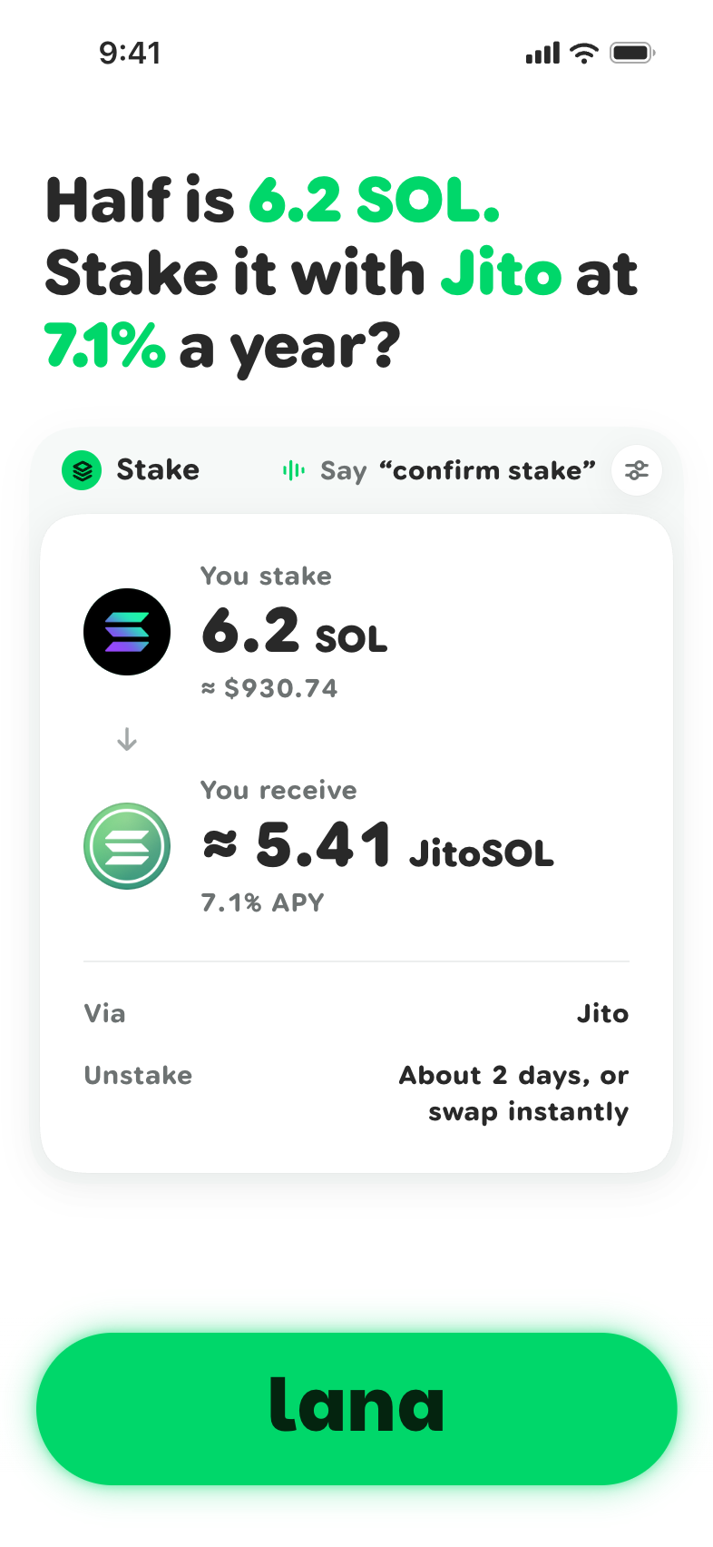 Lana’s app. She says: Half is 6.2 SOL. Stake it with Jito at 7.1% a year? Under her line, a stake card: you stake 6.2 SOL and receive about 5.41 JitoSOL.